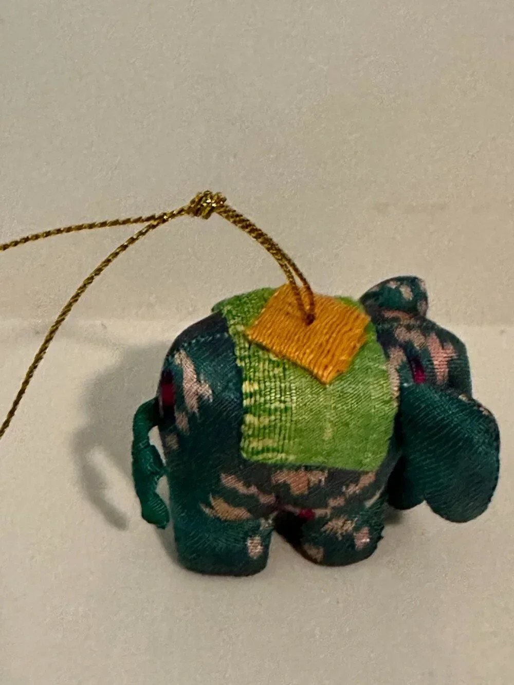 Mini Fabric Elephant Hanging Ornament Green Floral Gold Cord